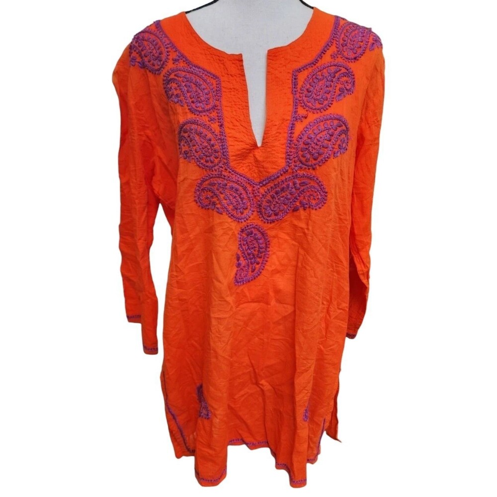 Kikisol Cotton Hippie Top Embroidered Orange Boho Size XL